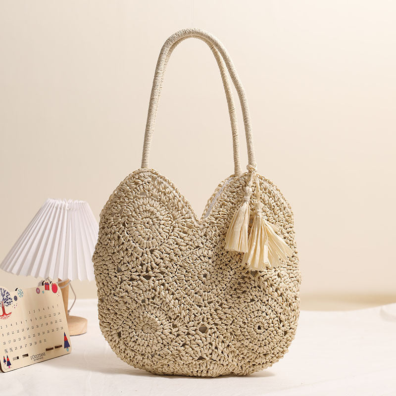 Hollow Out Cutout Tassel Straw Bag Large Capacity Shoulder Woven Bag Vacation Beach Bag Women Bag